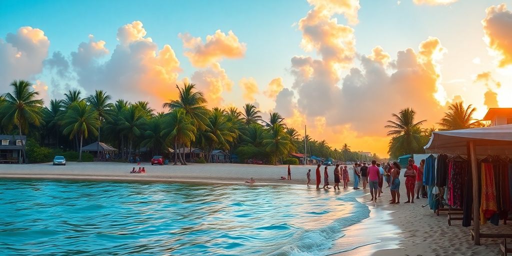 Vibrant beach sunset in Jamaica with palm trees.