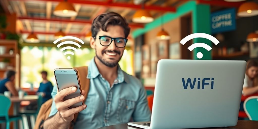 Traveler comparing 5G smartphone and Wi-Fi laptop in cafe.