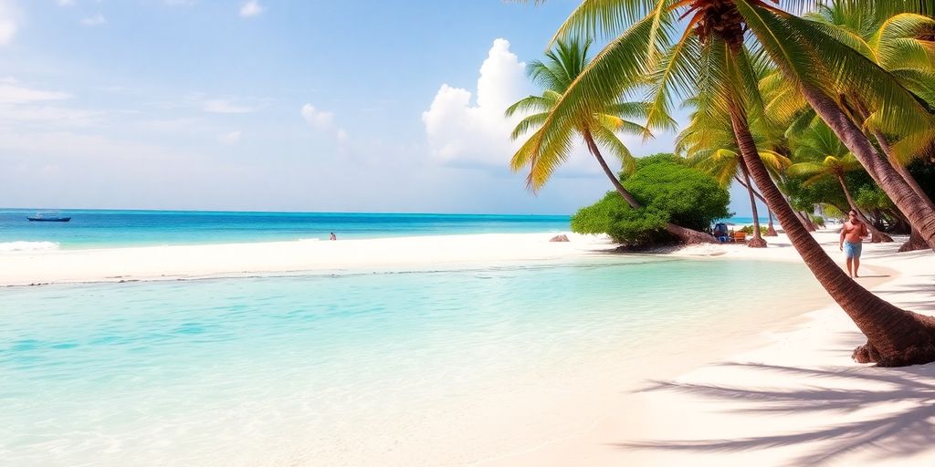 Tranquil Jamaican beach with clear waters and palm trees.