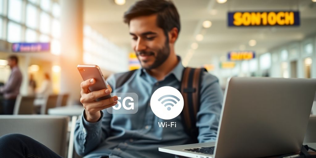 A traveler using smartphone and laptop in an airport lounge.
