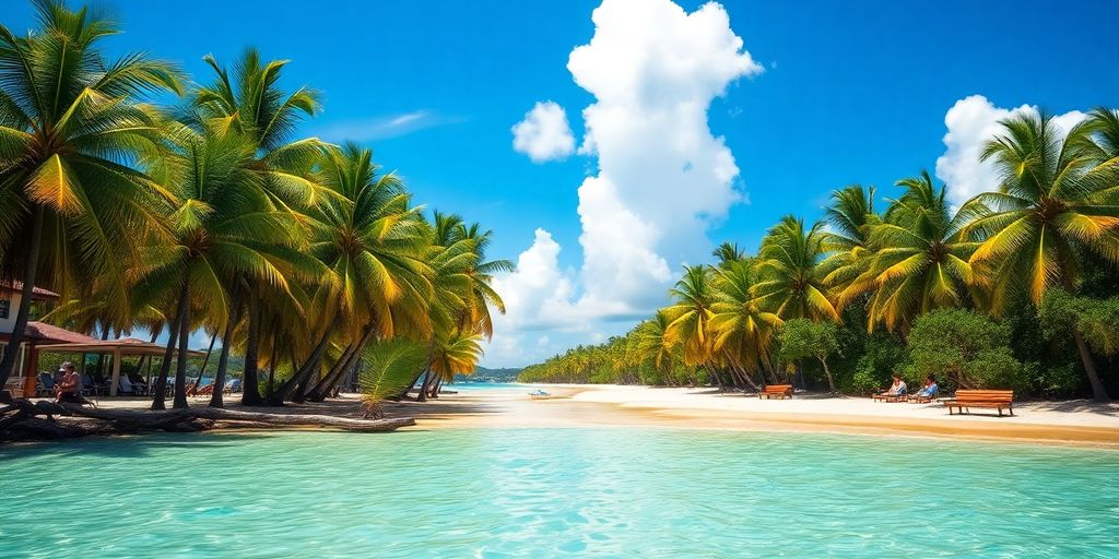Tropical beach in Jamaica with clear waters and palm trees.