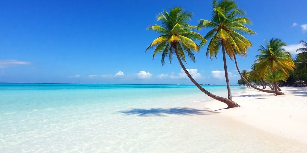 Beautiful low season beach in Jamaica with palm trees.